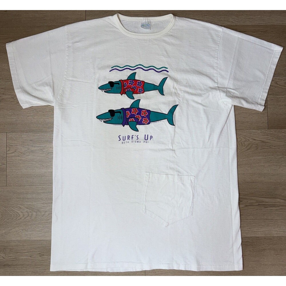 Vintage 1992 Beta Sigma Phi Surfing Sharks Graphic Pocket Tee Single Stitch USA